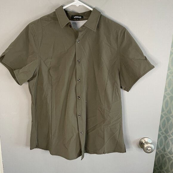 Unitop Mens L Button Up Short Sleeve Olive Green Outdoor Hiking Shirt - Picture 1 of 6